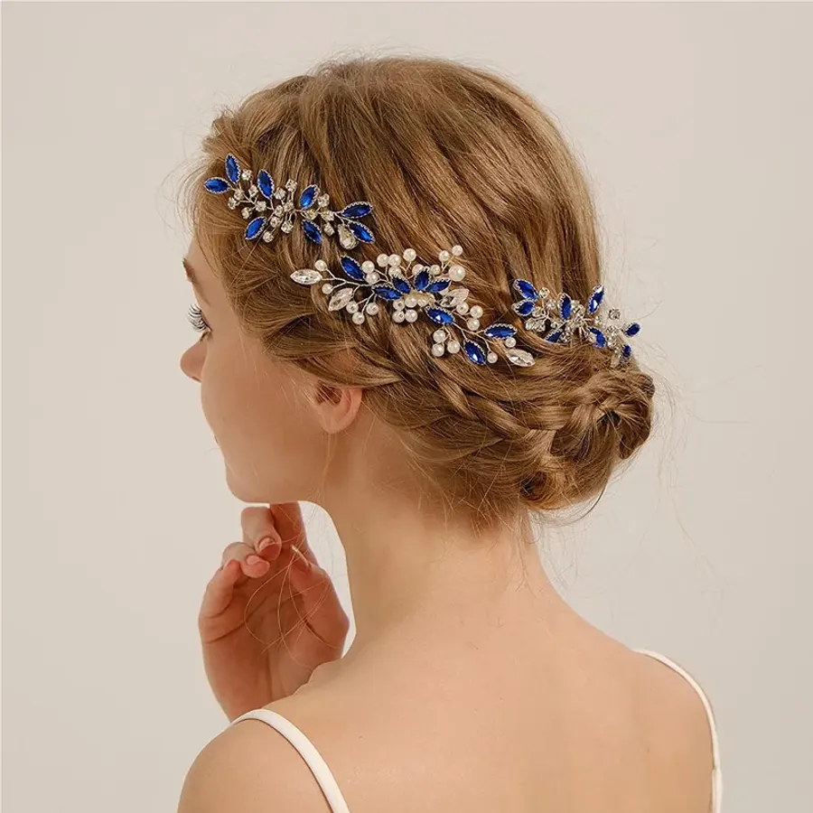Fashion Rhinestone Pearl Hairpin Set Blue Bridal Hair Comb