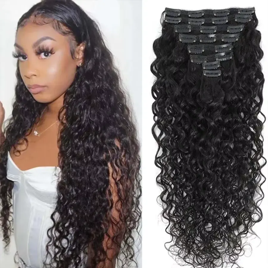 Curly Clip In Hair Extensions Human Hair Water Wave Clip