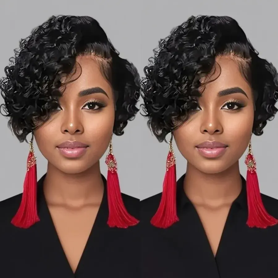 Short Bob Wig Pixie Cut Curly Human Hair Wig Black Color