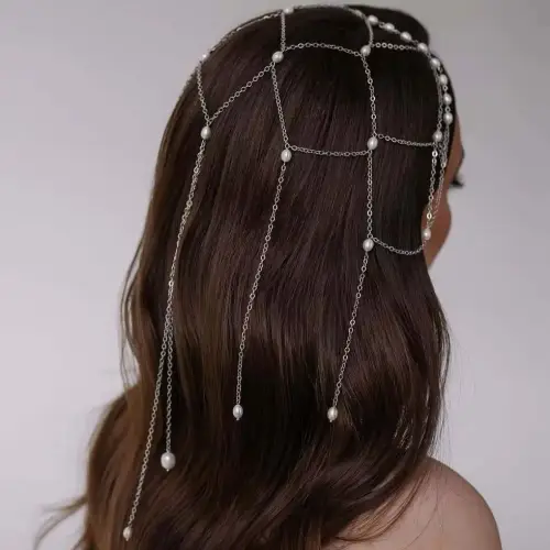 Beaded Pearl Hair Vine Headpiece Net Hair Jewelry Long Tassel