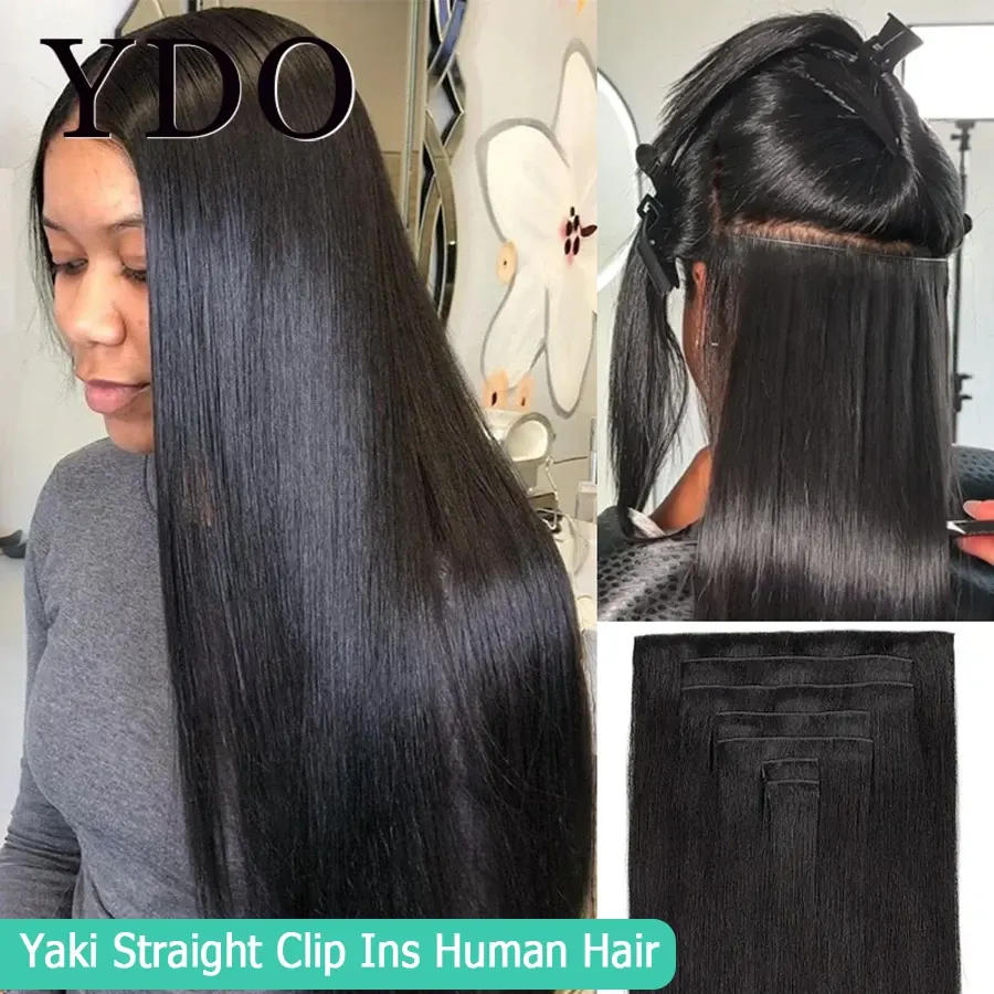 Yaki straight Clip in Hair Extensions 100% Human Hair Full