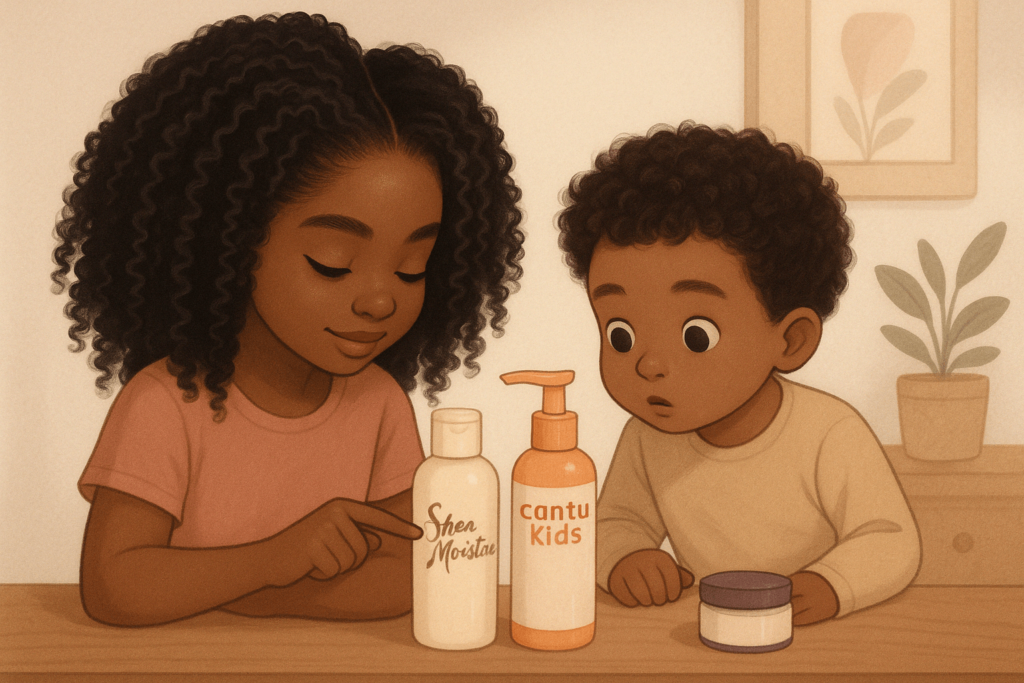 ilustration d'une fille cheveux boucles et d'un petit garcon regardant des produits capilaires adaptes aux cheveux crepus